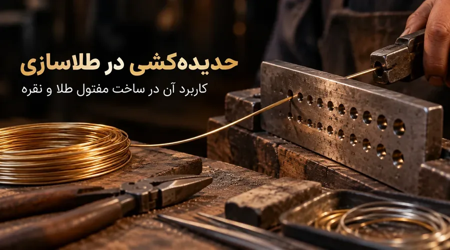 حدیدهکشی در طلاسازی چیست؟ کاربرد آن در ساخت مفتول طلا و نقره 1 حدیدهکشی مفتول طلا با صفحه حدیده در کارگاه طلاسازی